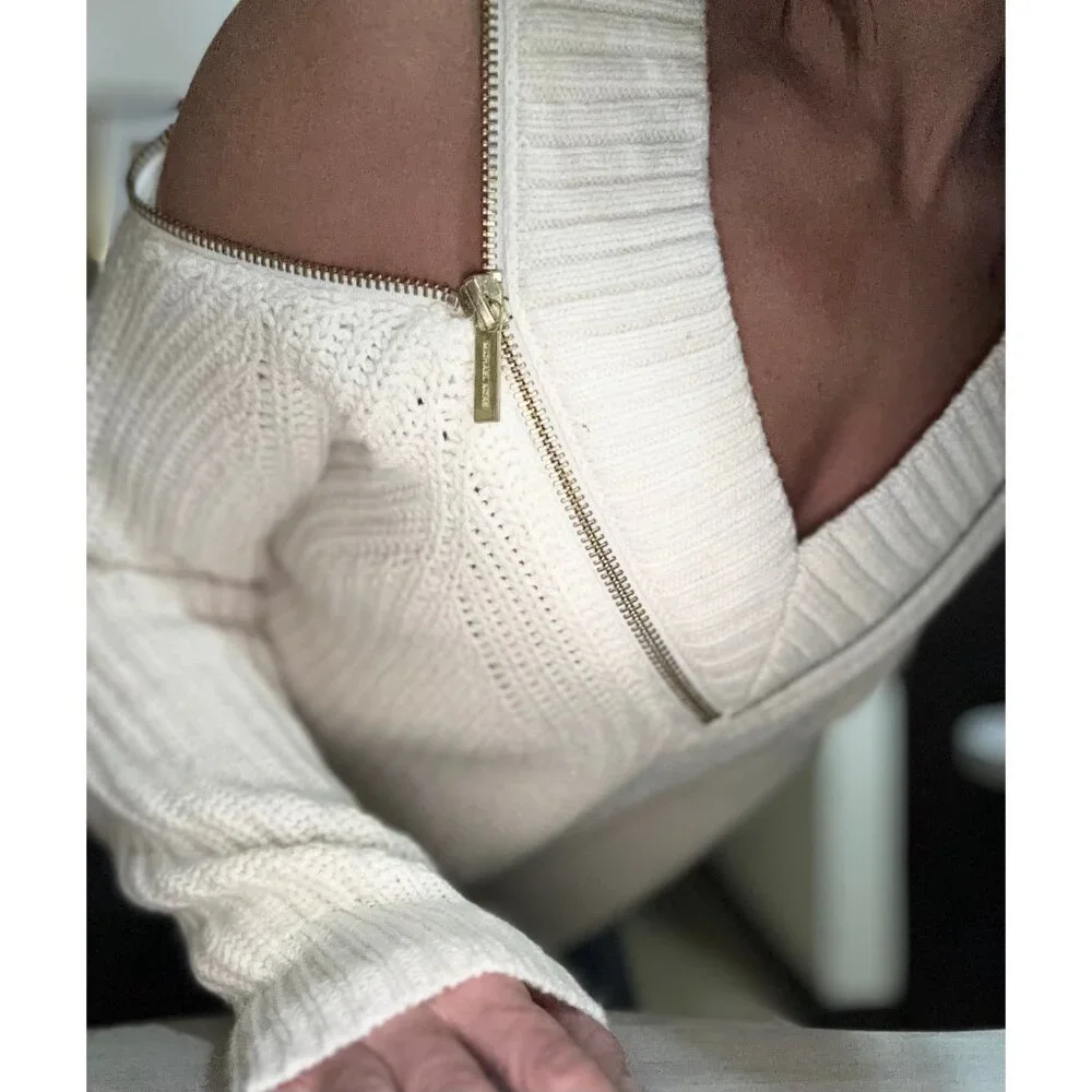MICHAEL KORS Sweater Women's Size S white Zip Accent Cold Shoulder Knit Top - Picture 4 of 5
